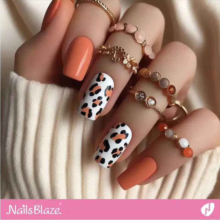 Round Square Orange and White Leopard Print Nails | Animal Print Nails - NB2597